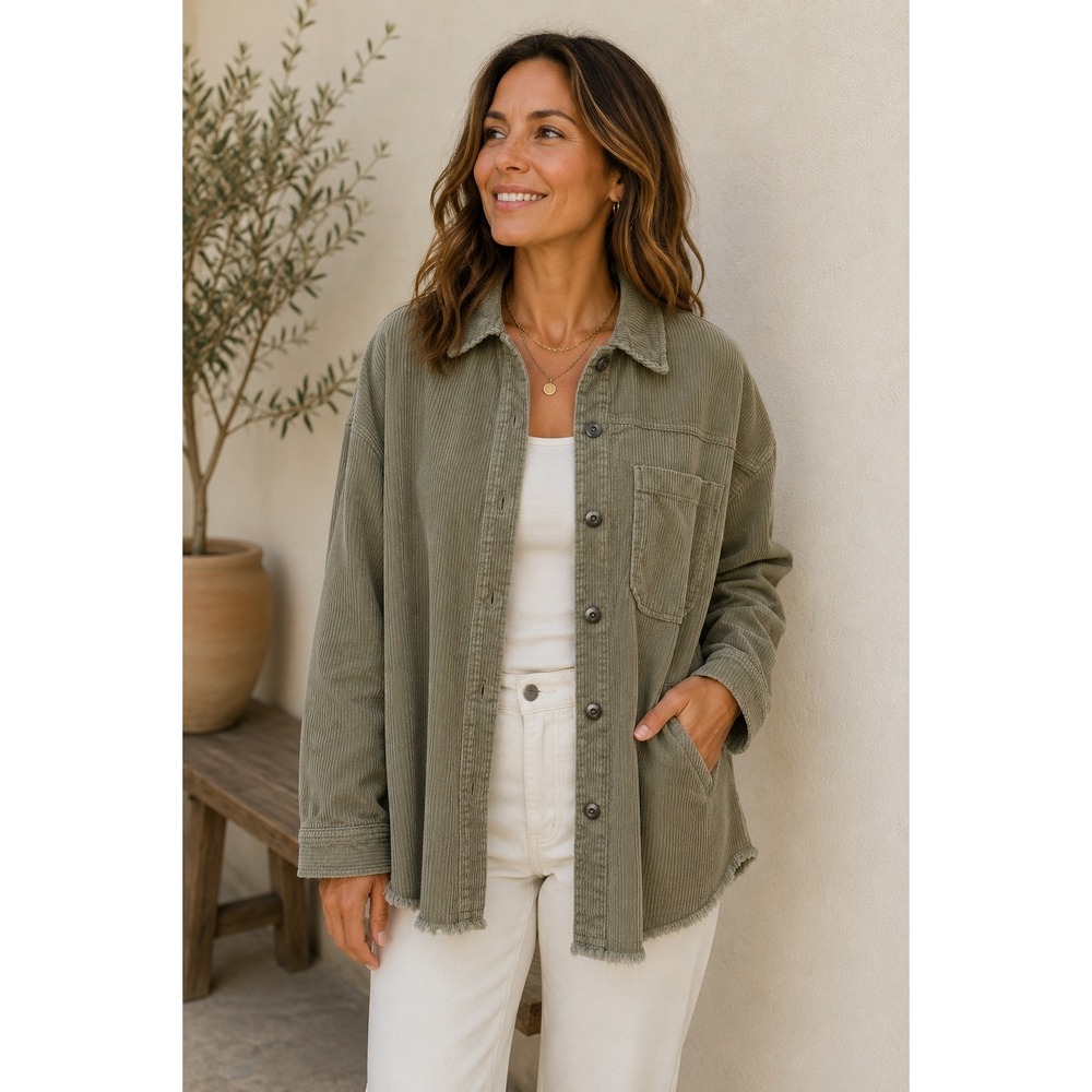 Zara Shacket Women XS Green Corduroy Raw Hem Gorpcore Utility Shirt Jacket